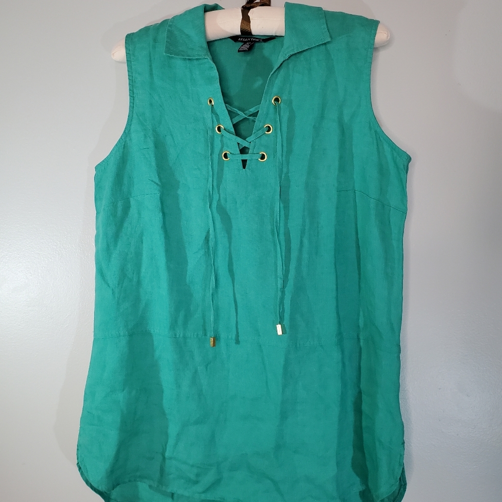 Ellen Tracy Green Sleeveless Collared Linen Tunic Blouse M
